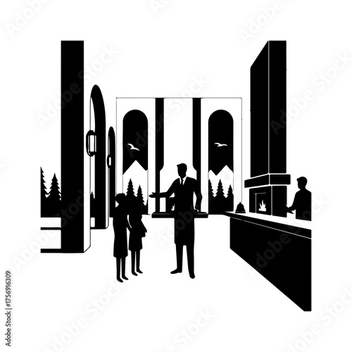 Hotel reception with guests and staff