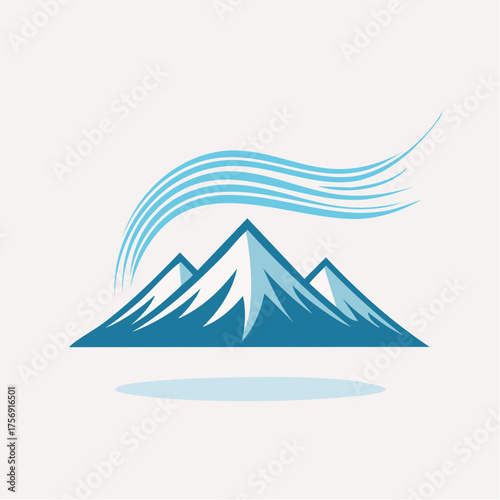 Minimalist emblem representing mountainous peaks with stylized wind or stream effect above it