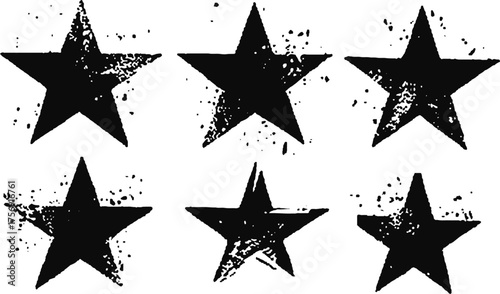 Set of grunge black star imprints with rough textured edges for vintage and distressed design projects 