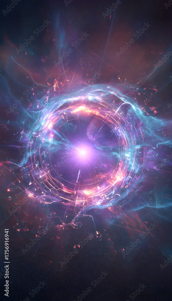 Obraz premium Luminous interdimensional portal glows amidst cosmic dust a vibrant futuristic space design