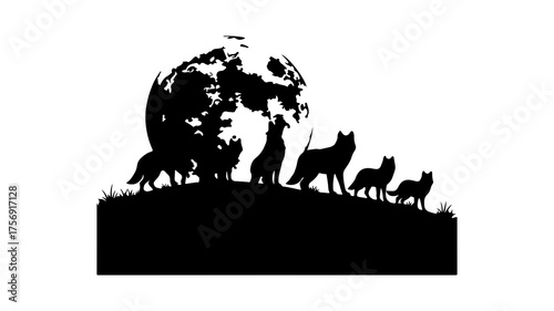 Fox family silhouette under moonlit sky