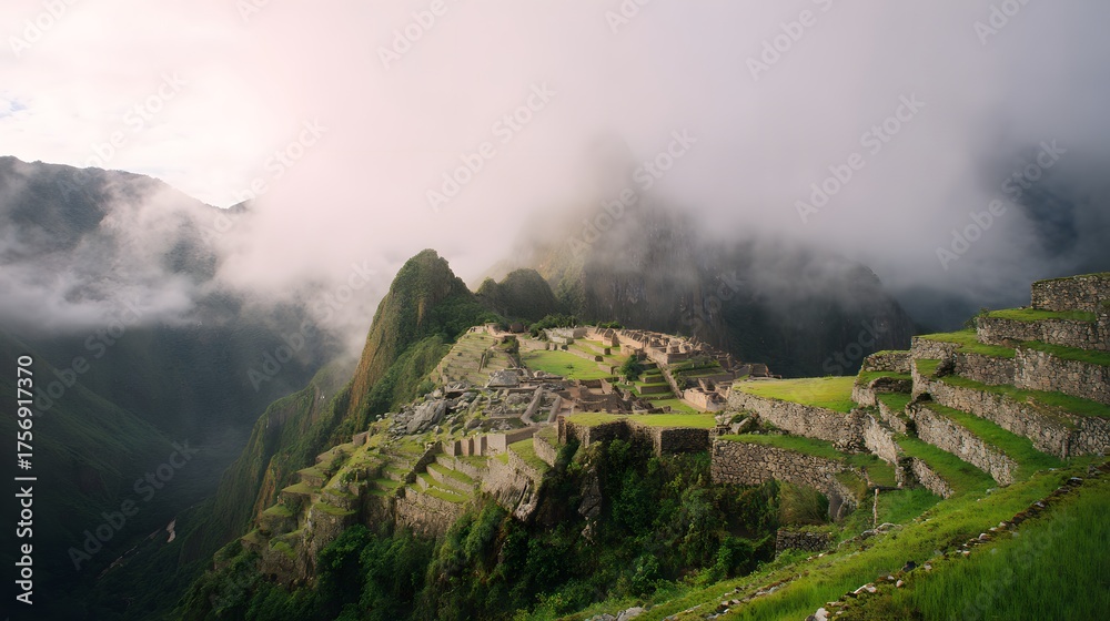 Fototapeta premium Mystical Machu Picchu Ancient Citadel Rises Through Misty Mountain Peaks of Peru