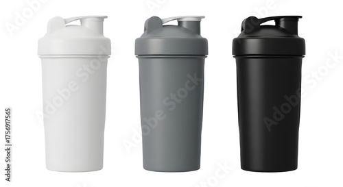 Wallpaper Mural Product Shot of White, Gray, and Black Plastic Protein Shaker Bottle Mockups Torontodigital.ca