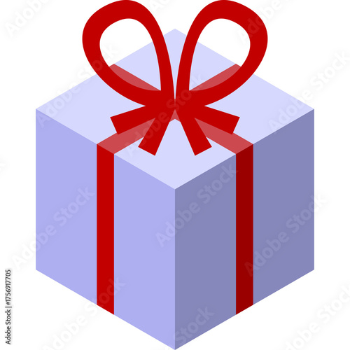Isometric Light Blue Gift Box Tied With Red Ribbon and Bow on a Transparent Background