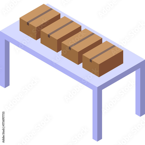 Isometric Light Blue Table Holds Four Brown Cardboard Boxes With Dark Brown Straps Against Transparent Background