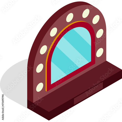 Isometric Makeup Vanity Mirror with Lights and Drawer Reflected in the Mirror on Transparent Background