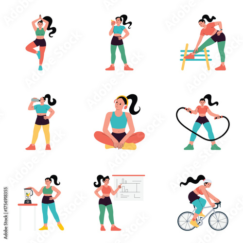 Female athlete doing stretching yoga and endurance fitness exercises illustration Set 2