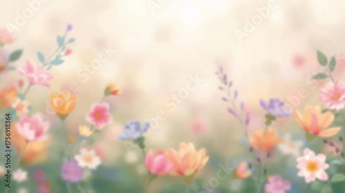 A soft, dreamy illustration of a vibrant flower field bathed in warm sunlight, creating a gentle and inviting atmosphere with a blurred effect.