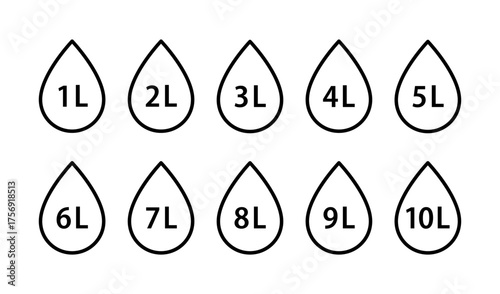 Water capacity icons set. Liquid volume symbol from 1 to 10 liters. Water drop line icon. Fluid volume. L sign. Scale for liquid. Vector illustration isolated on white background.