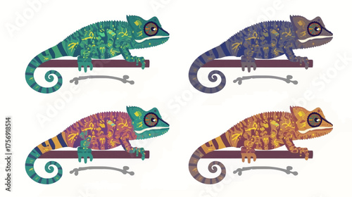 A vibrant illustration showcases four colorful chameleons perched on a branch, each displaying unique patterns and hues against a clean white background.