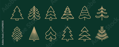 Outline Christmas Tree Icon Set, Twelve Golden Line Art Pine Trees, vector, illustration