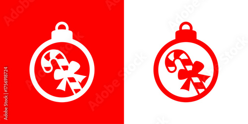 Logo candy cane de navidad. Silueta de bola de navidad con bastón de caramelo con lazo de regalo para tarjetas y felicitaciones