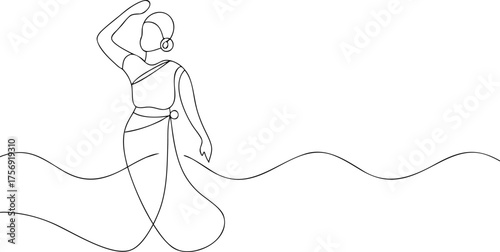 Single line drawing of a woman in traditional Indian attire dancing