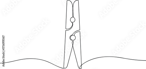 Single line drawing of a wooden clothespin on a clothesline