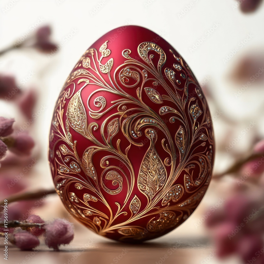 Fototapeta premium Elegant red egg adorned with intricate gold floral patterns surrounded by soft pink blossoms creating a delicate and festive atmosphere