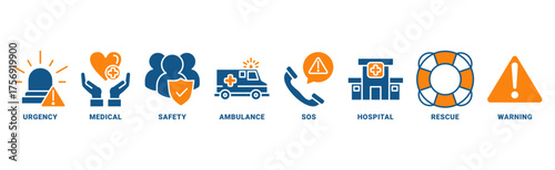 Emergency icon set vector concept with icon of urgency, medical, safety, ambulance, sos, hospital, rescue, warning 