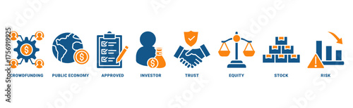 IPO (Initial Public Offering) icon set vector concept with icon of crowdfunding, public company, approved, investor, trust, equity, stock, risk 