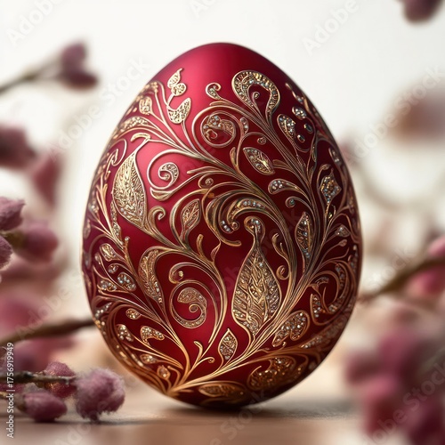 Wallpaper Mural Elegant red egg adorned with intricate gold floral patterns surrounded by soft pink blossoms creating a delicate and festive atmosphere Torontodigital.ca