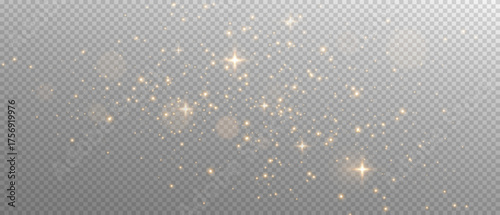 Bright golden sparkling dust on transparent background. Vector bokeh glow and shimmering light texture for luxury celebration, Christmas, or New Year decoration design.