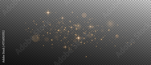 Bright golden sparkling dust on transparent background. Vector bokeh glow and shimmering light texture for luxury celebration, Christmas, or New Year decoration design.