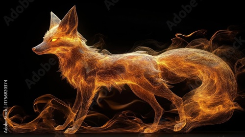 Glowing fiery fox with bright eyes and ethereal flames flowing around its body on a black background, evoking a sense of mysticism and energy