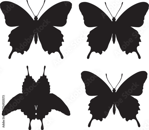 Four Black Silhouettes of Butterflies in Different Poses and Orientations on a White Background butterfly