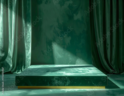Luxury pedestal in deep green marble with gold accent, highlighted by dramatic lighting and draped curtains, perfect for product display