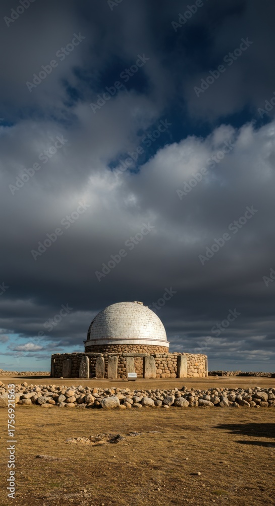 Fototapeta premium Ancient observatory under dramatic winter clouds on winter solstice for seasonal design