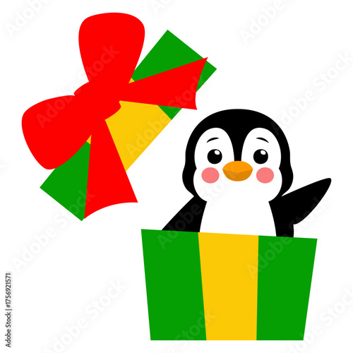 Tiempo de Navidad. Logo con pingüino alegre saludando saliendo de un paquete de regalo	