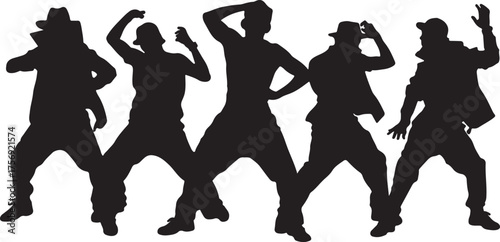 Five silhouetted male dancers in stylish hats and casual clothing striking diverse poses on a white background