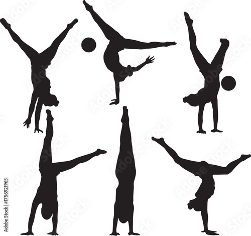 Silhouettes of gymnasts performing various handstand poses with balls on a white background Keywords: gymnastics, gymnast, athlete, sport, fitness, exercise, handstand, balance, flexibility