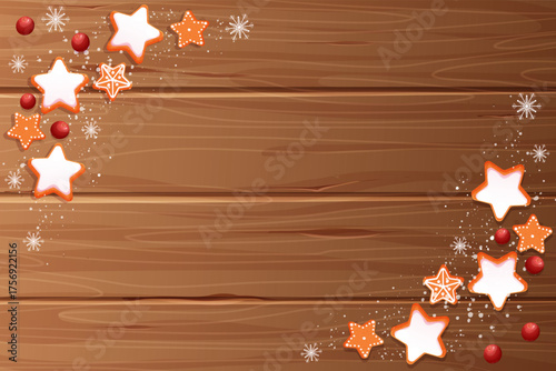 Wooden winter holiday table with gingerbread star with glaze, icing decoration, cranberry and snowflakes top view in cartoon style Christmas holiday cookie