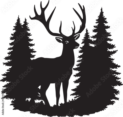 Majestic stag with large antlers stands in a forest clearing with silhouetted pine trees on a white background