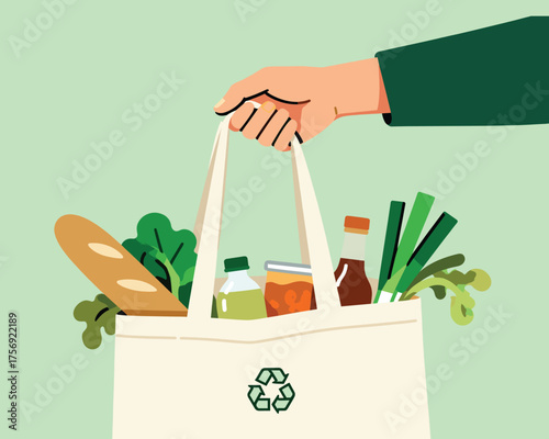 Eco-friendly Grocery Tote: A hand carries a reusable tote bag overflowing with fresh produce, emphasizing sustainability, health, and a commitment to reducing waste.