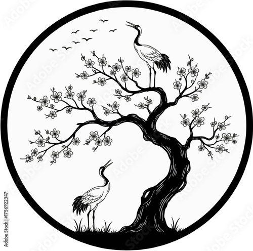 Elegant Japanese Crane and Cherry Blossom Silhouette Art Prints