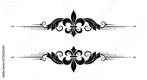 Elegant black vintage ornamental border lines featuring intricate floral scrollwork and central fleur-de-lis. Symmetrical classic dividers for formal invitations, certificates, and text separation.