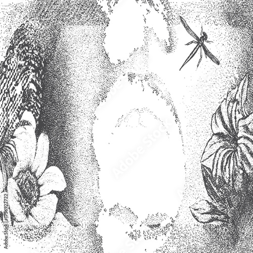 Black and white artistic double exposure portrait with flower illustration design.  
Photography art portrait of woman with floral pattern in monochrome style. 