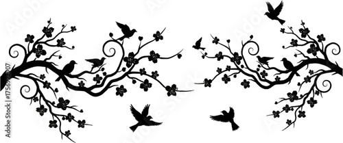 Swallows and Cherry Blossom Branch Silhouette Vector Art Print