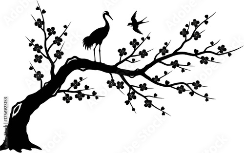 Elegant Japanese Crane and Cherry Blossom Silhouette Art Prints