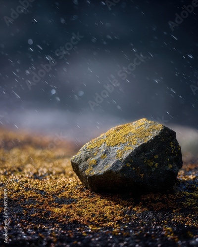 Lichen-Covered Rock Surrounded by Rain Droplets on Forest Floor