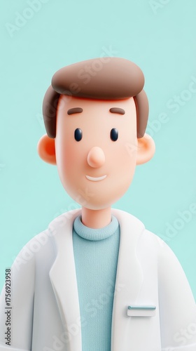 Smiling Doctor Cartoon Character in White Coat and Blue Shirt.