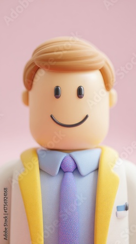 Smiling Doctor Cartoon Character with Blonde Hair and Yellow Coat.