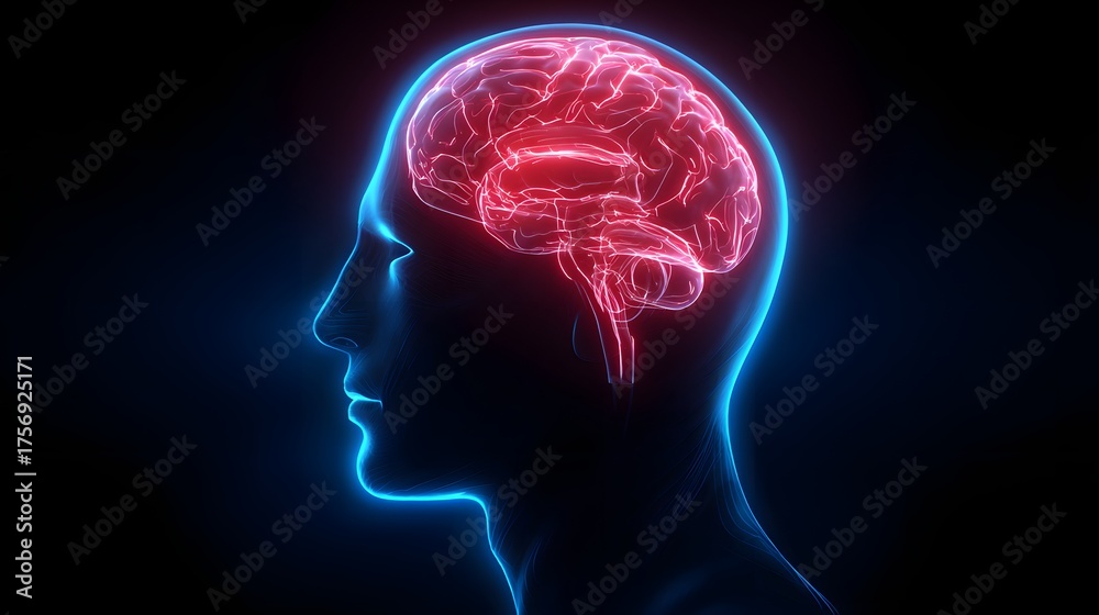 Obraz premium Glowing human brain and head silhouette on dark background.