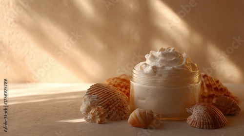 Whipped Body Butter Jar Surrounded by Seashells and Warm Sunlight