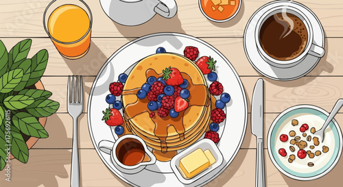 Enjoy a stunning breakfast with fluffy pancakes, fresh berries, maple syrup, and steaming coffee for a perfect start to your vibrant day