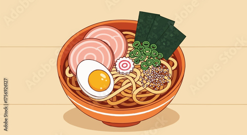 Delicious bowl of ramen with egg, pork, seaweed and scallions, a perfect meal for any occasion, enjoy this japanese food and its unique flavors