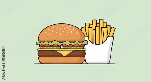 Delicious burger and french fries ready for a quick and tasty meal, perfect for restaurant menus, food blogs, and fast food promotions that make you hungry