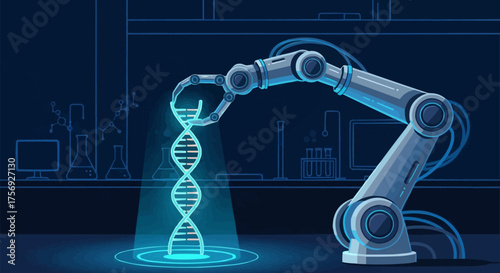 Cutting-edge robotic arm manipulating DNA in futuristic lab, symbolizing biotechnology advancements and genetic engineering breakthroughs for scientific innovation