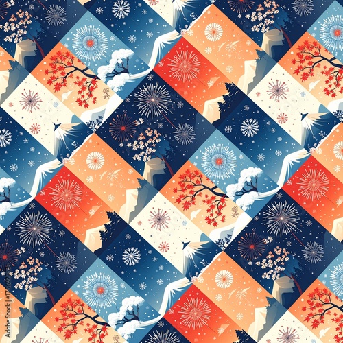 Japanese Seasonal Patchwork Pattern with Mount Fuji, Fireworks, and Maple Leaves