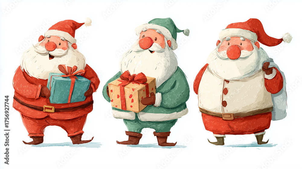 Obraz premium set of cute santa claus with present, handdrawn cartoon style illustration, vibrant colors, isolated on white background. Design element for Christmas greeting card, poster, website, publicity.